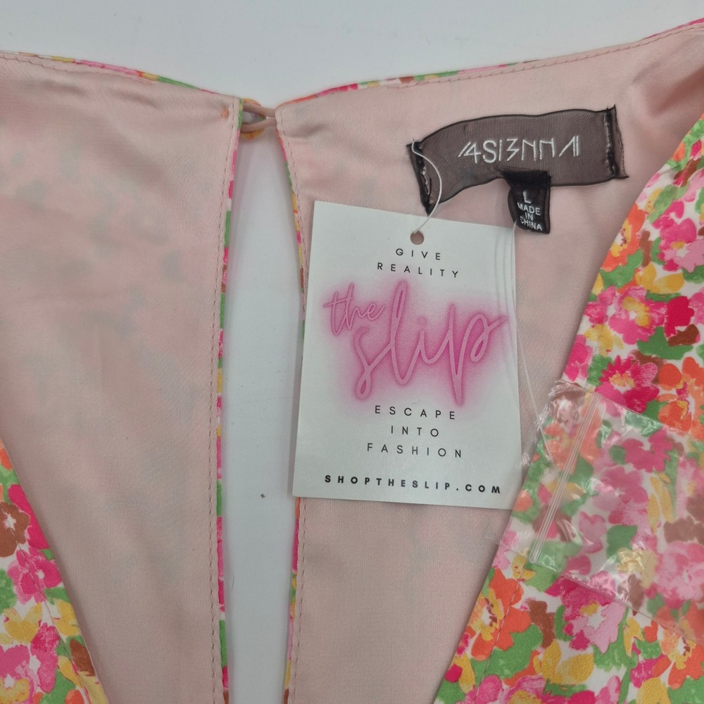 4SI3NNA Enja Bodysuit Womens Large Floral V-Neck Smocked Cuff Pink Orange Multi - Picture 4 of 7